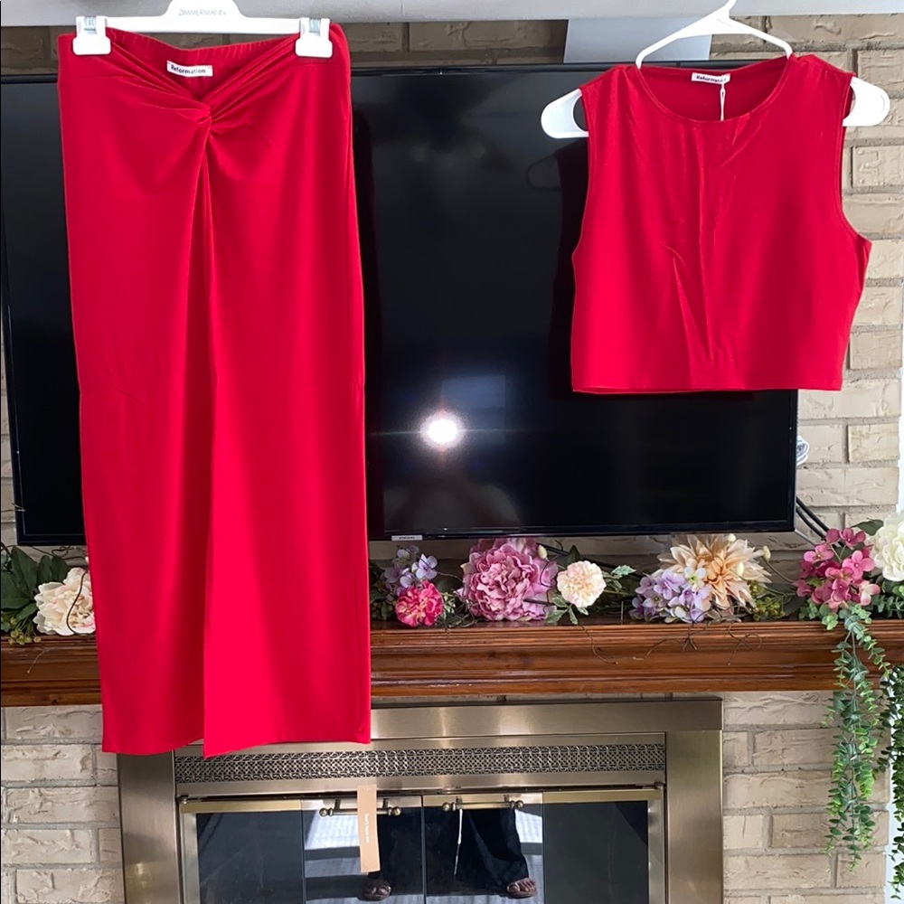 Reformation Vibrant Red Twist Detail Skirt and Top Knit Set